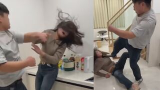 Evil Brut Kicks GF In The Head Accused Her Of Lying