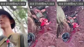 A soldier's head explodes under a tree.