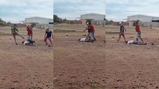 A man is brutally beaten with kicks and blows from a stick in Brazil.