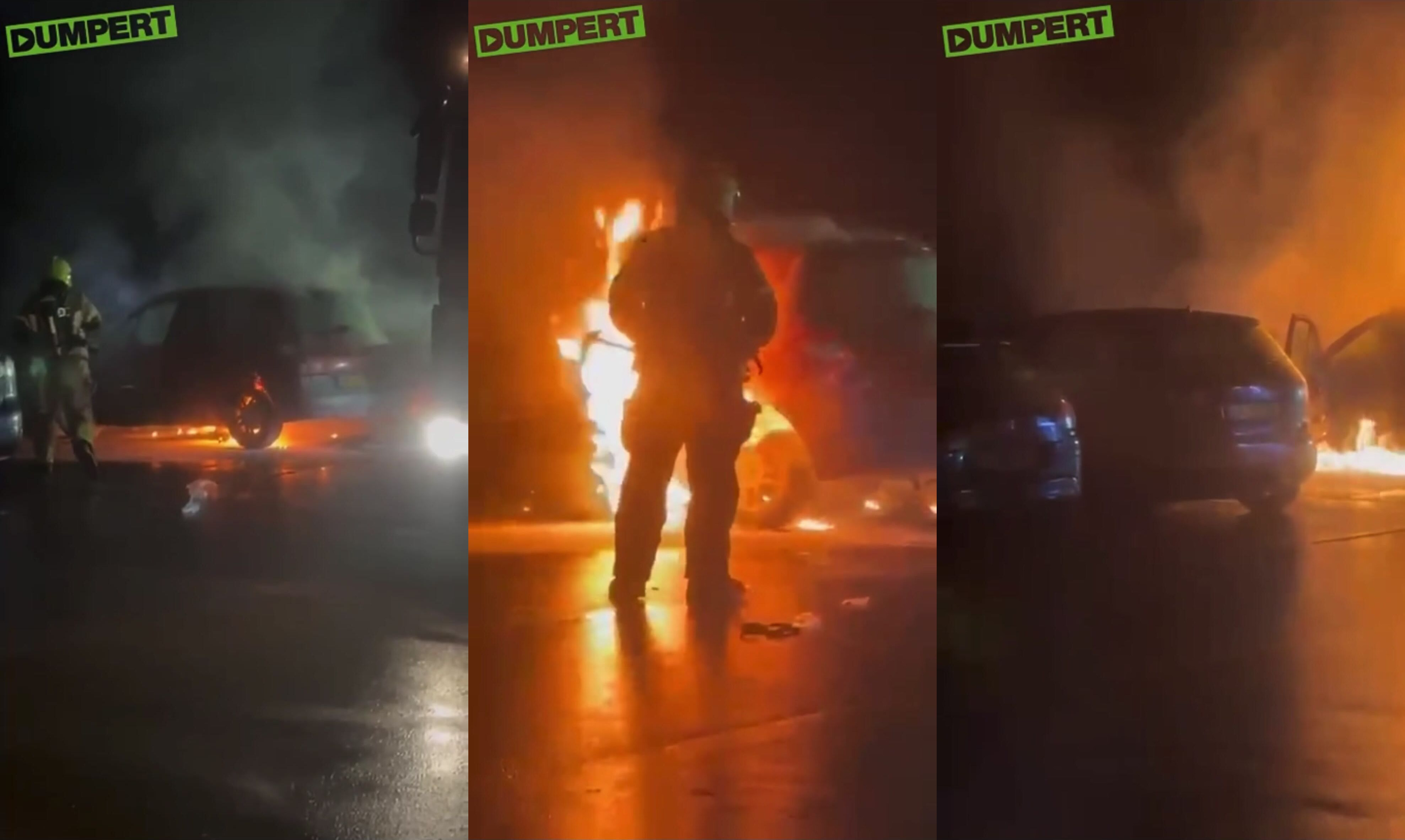 Man escapes burning car.