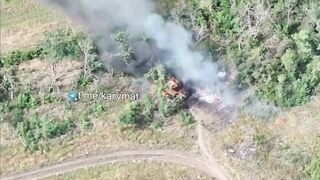 Ruzky truck dragged on dozen meters from burning rocket after FPV strike