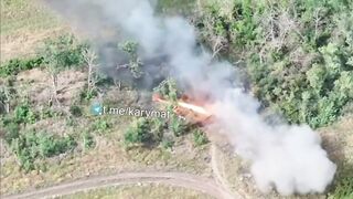 Ruzky truck dragged on dozen meters from burning rocket after FPV strike