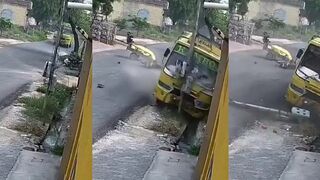 India Bus Plays Bowling with Load Bike, Then Hugs Electric Pole