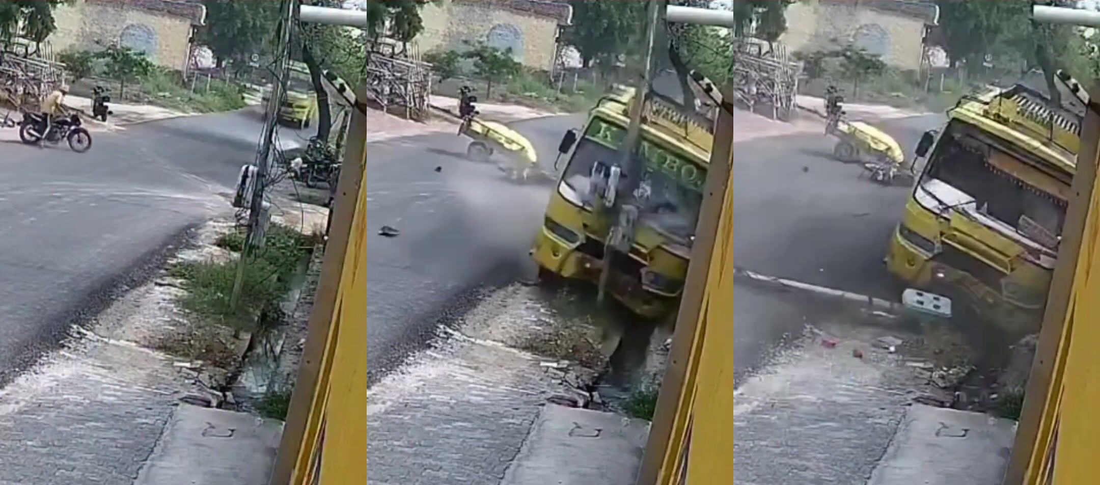 India Bus Plays Bowling with Load Bike, Then Hugs Electric Pole