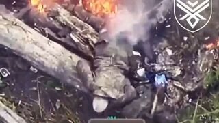 Burning legless katsapfaggot crawling out from fire and drinks from a bottle