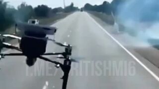 Ukrainian drone striking a ruzky truck with fuel on a road to occupied Crimea