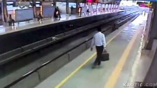 Man stands on tracks, ends up getting crushed between the train and a platform(CLASSIC)