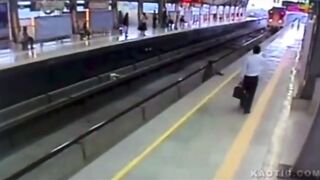 Man stands on tracks, ends up getting crushed between the train and a platform(CLASSIC)