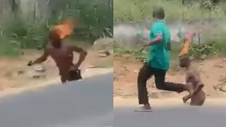 Thief Tries To Escape From Mob While His Head Is On Fire