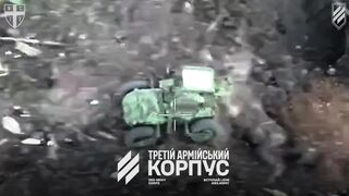 Hand of choking ruzky invader in burning dugout blasted by a small ground robot