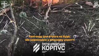 Hand of choking ruzky invader in burning dugout blasted by a small ground robot