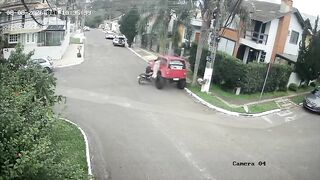 Dumb Biker Plows Into The Jeep, Nearly Dies