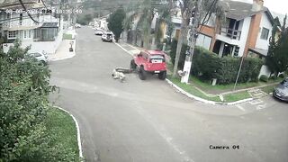 Dumb Biker Plows Into The Jeep, Nearly Dies