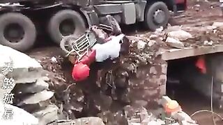 Old man falls into a pit trying to avoid truck
