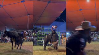 Bullfighter takes a judo throw right in the middle of a bullfight.