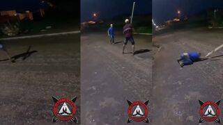 knife fight with man armed with a stick