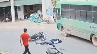 Motorcyclist Meets The Bus Head On