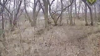 A russian soldier is hit by two drones simultaneously.