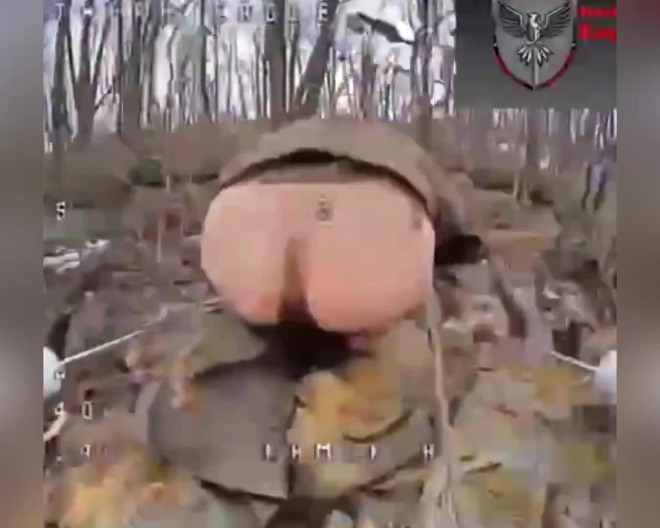 Longer version of the russian without pants getting hit by an FPV in the butt.