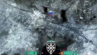 A UA soldier with drone support in close combat with a pair of Orcs