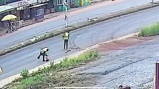 Speeding vehicle knocks down road repair worker in Ghana