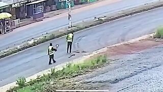 Speeding vehicle knocks down road repair worker in Ghana