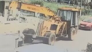 Old Man Walking  On The Road Gets Crushed By Crane