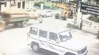 Old Man Walking  On The Road Gets Crushed By Crane