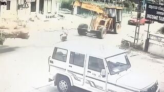 Old Man Walking  On The Road Gets Crushed By Crane