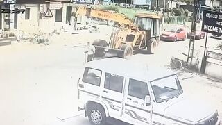 Old Man Walking  On The Road Gets Crushed By Crane