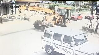 Old Man Walking  On The Road Gets Crushed By Crane
