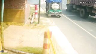 Motorcyclist Run Over And Trapped By The Truck Wheel
