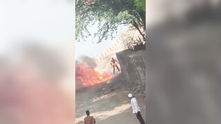Motorcycle Explodes – Rider Stands Burning Alive in Total Shock Before Tragic Death