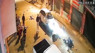 Motorcyclists flying over carsfollowing high-speed collision