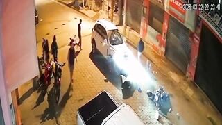 Motorcyclists flying over carsfollowing high-speed collision