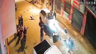 Motorcyclists flying over carsfollowing high-speed collision