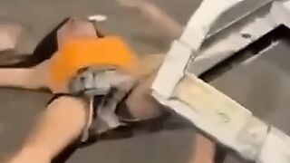 Stupid girl collapses with basketball hoop