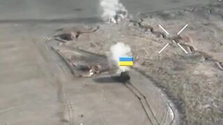Ukrainian tank using direct fire shooting russian occupied concrete pillboxes