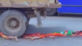 Woman Fell From Motorcycle And Was Completely Destroyed By Truck