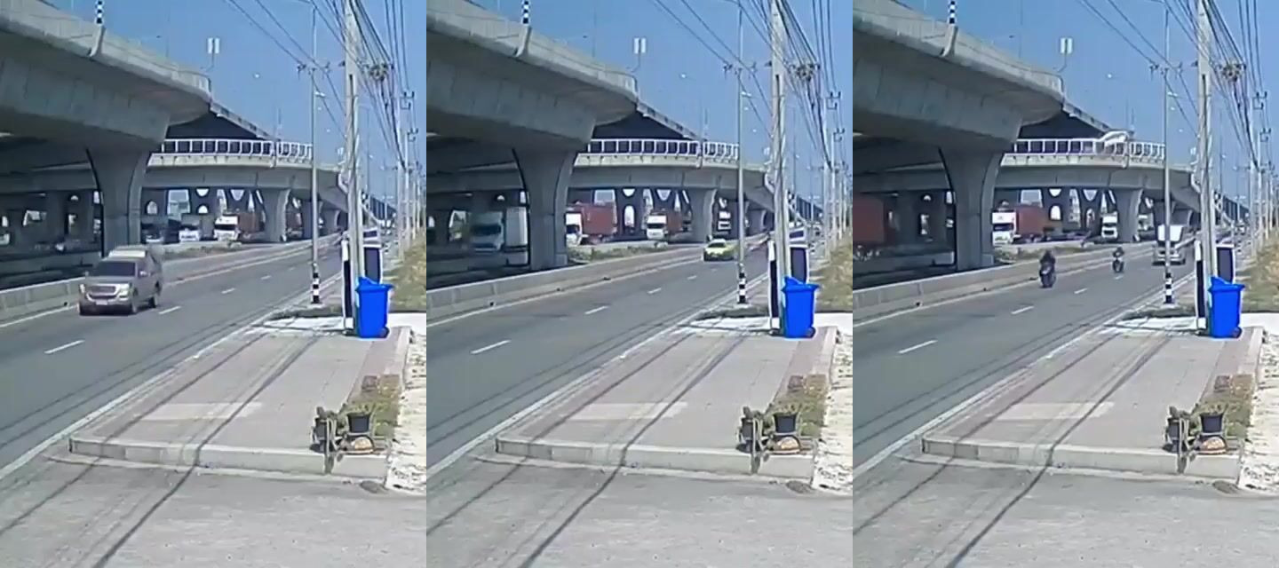 Thailand: Cement truck breaks through viaduct barrier and plunges down.