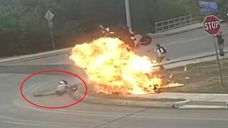 Motorcyclist Skids and Bursts Into Flames, Then Runs Across Street Engulfed in Fire