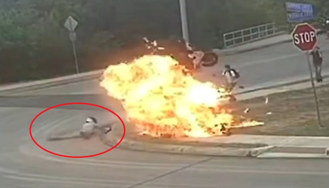 Motorcyclist Skids and Bursts Into Flames, Then Runs Across Street Engulfed in Fire