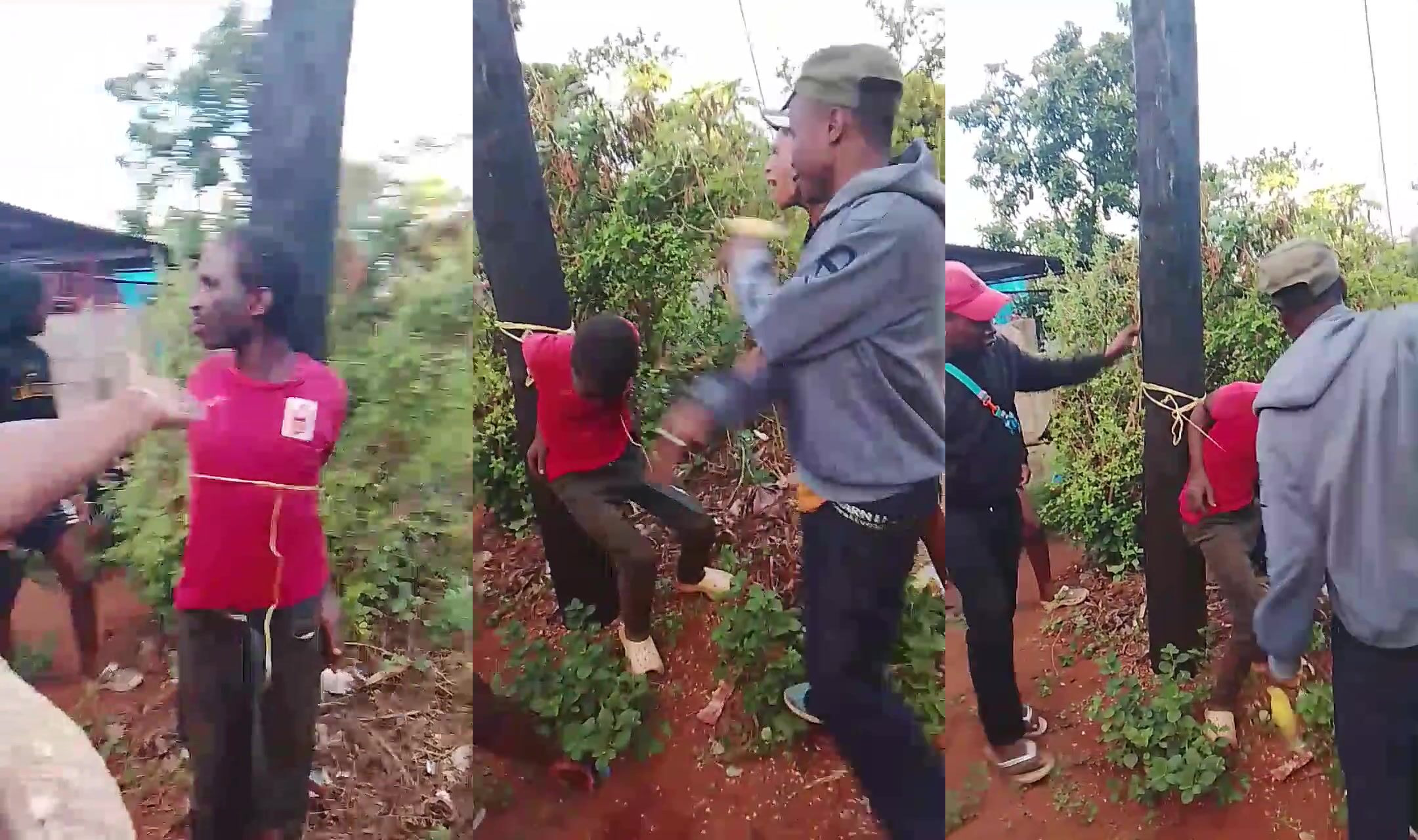 Thief tied to pole