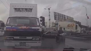 Truck Flips Crushing Motorcyclist