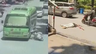 Woman Riding A Moped Falls Head First Under The Bus Wheel