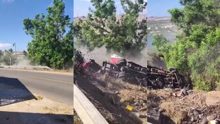 Bus runs off road and overturns