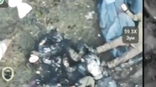 Ukrainian kamikaze drone flies into a crowd of Russian soldiers.