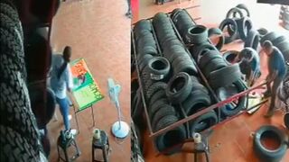 Auto Parts Store Nightmare:Giant Shelf Loaded with Tires Crashes Down on Female Worke