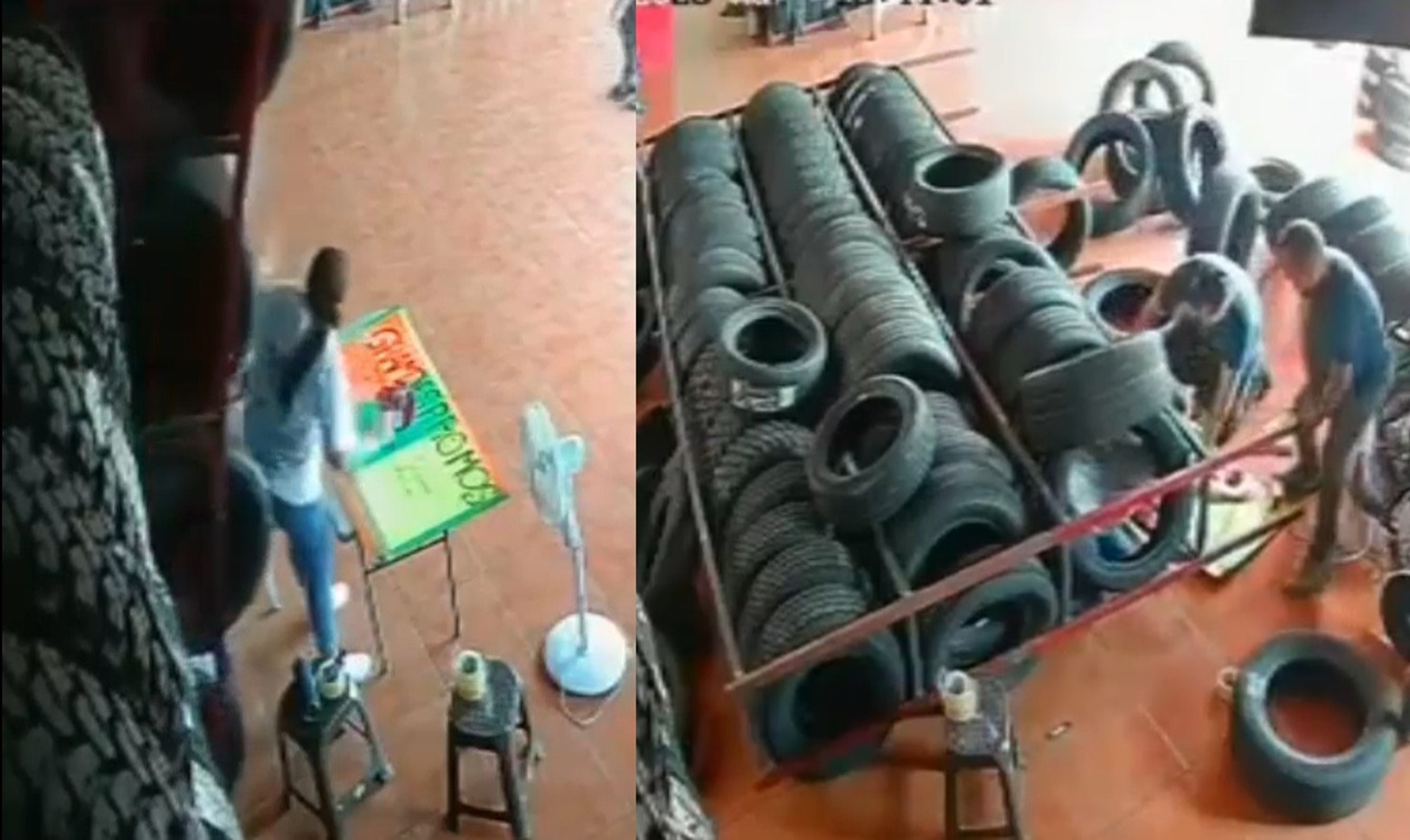 Auto Parts Store Nightmare:Giant Shelf Loaded with Tires Crashes Down on Female Worke