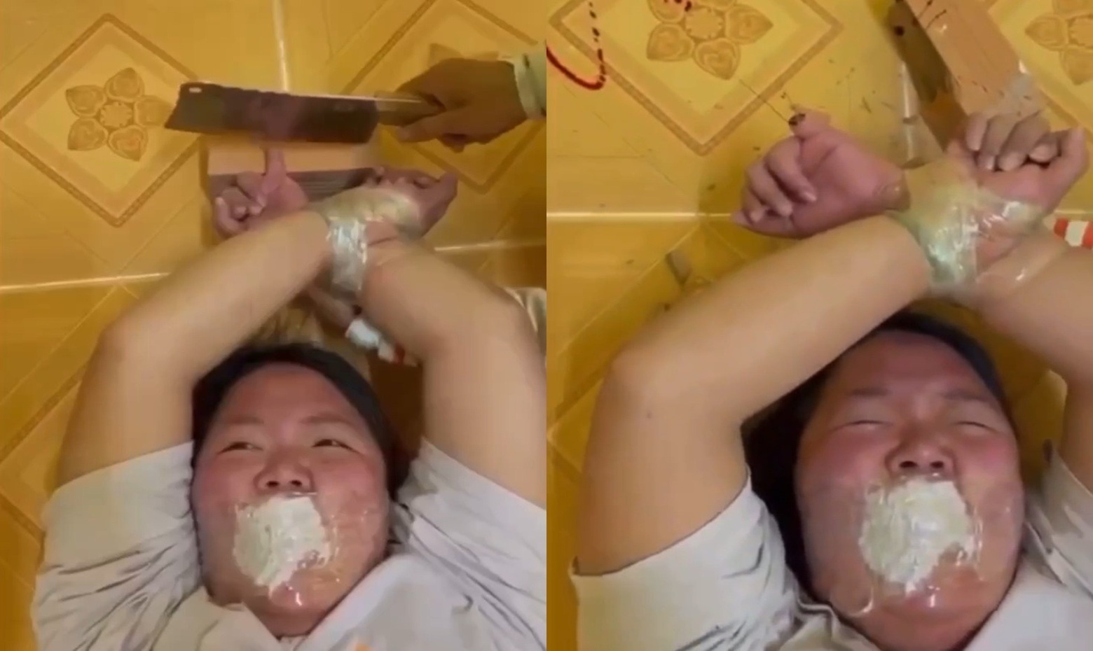 A Helpless Woman Tied and Gagged While Her Finger is Chopped Off with a Meat Cleaver